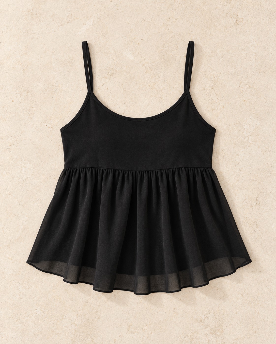 Babydoll Cami, Black, the actual piece, photographed flat