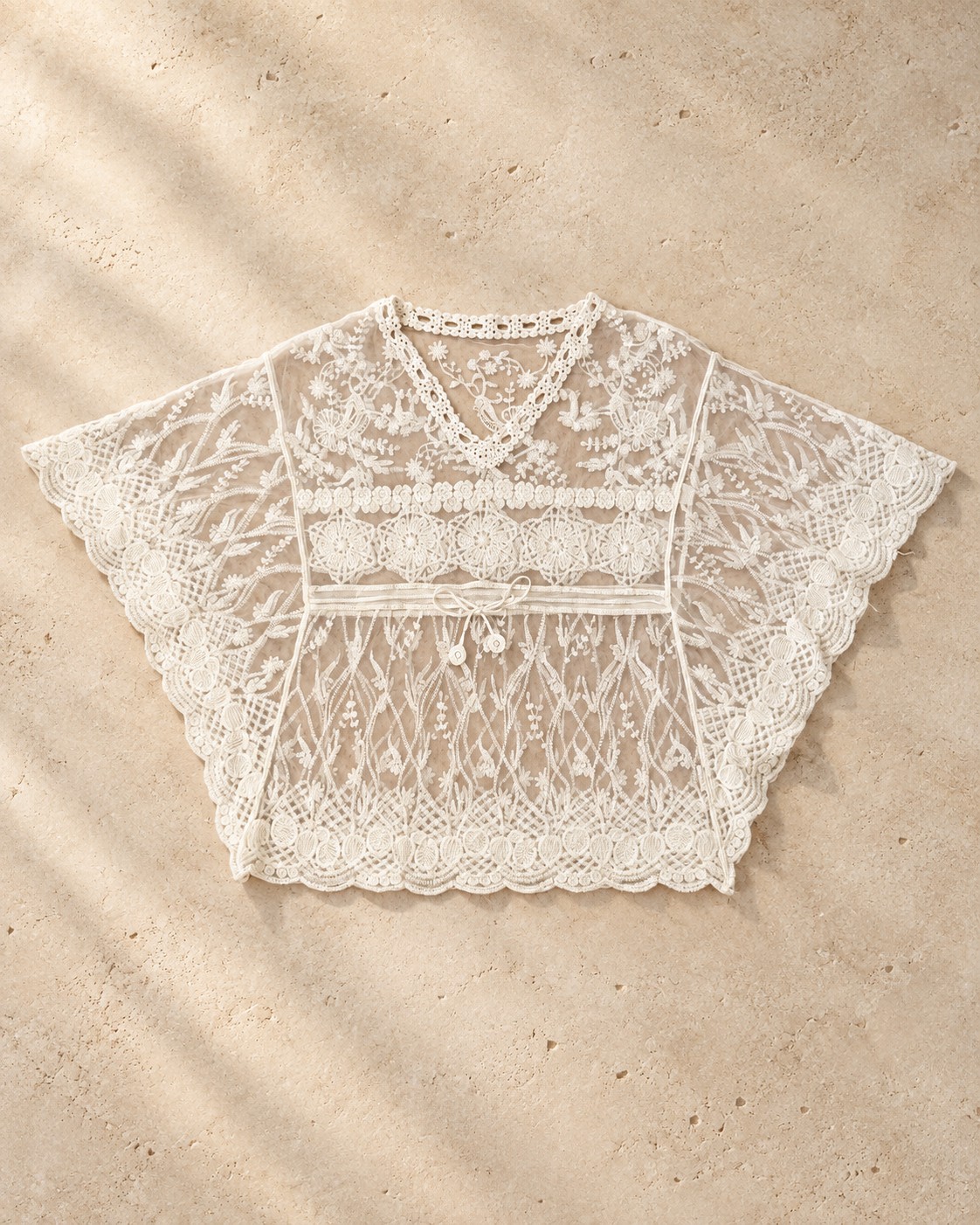 Embroidered Lace Kaftan, Ivory, the actual piece, photographed flat