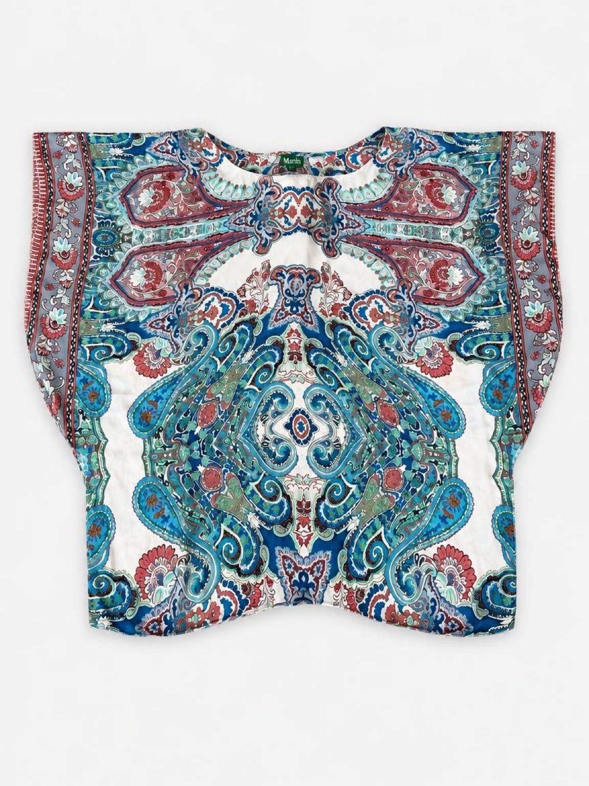 Paisley Scarf-Print Top, Blue and Coral, the actual piece, photographed flat