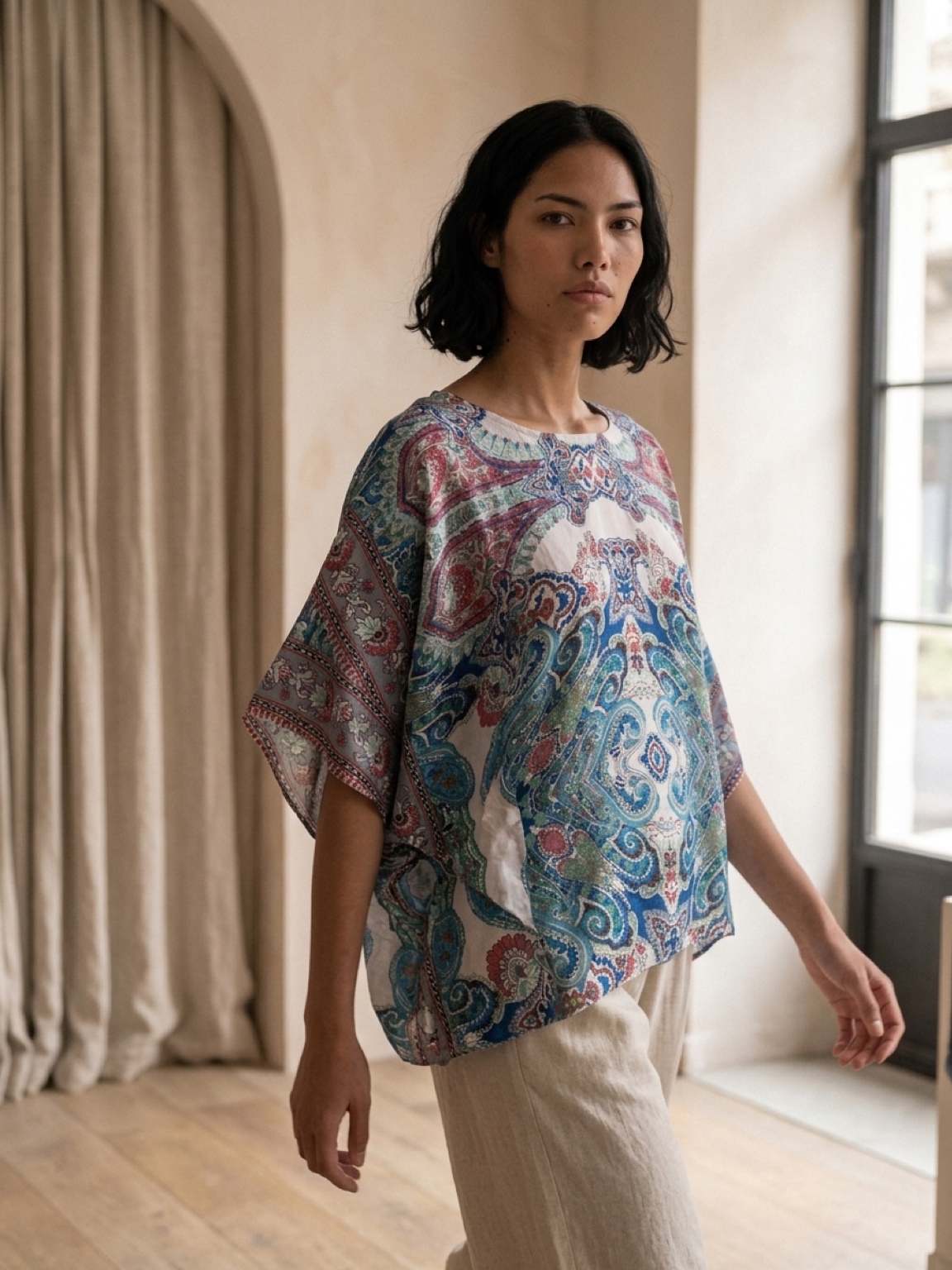 Paisley Scarf-Print Top, Blue and Coral, photo 2 of 3