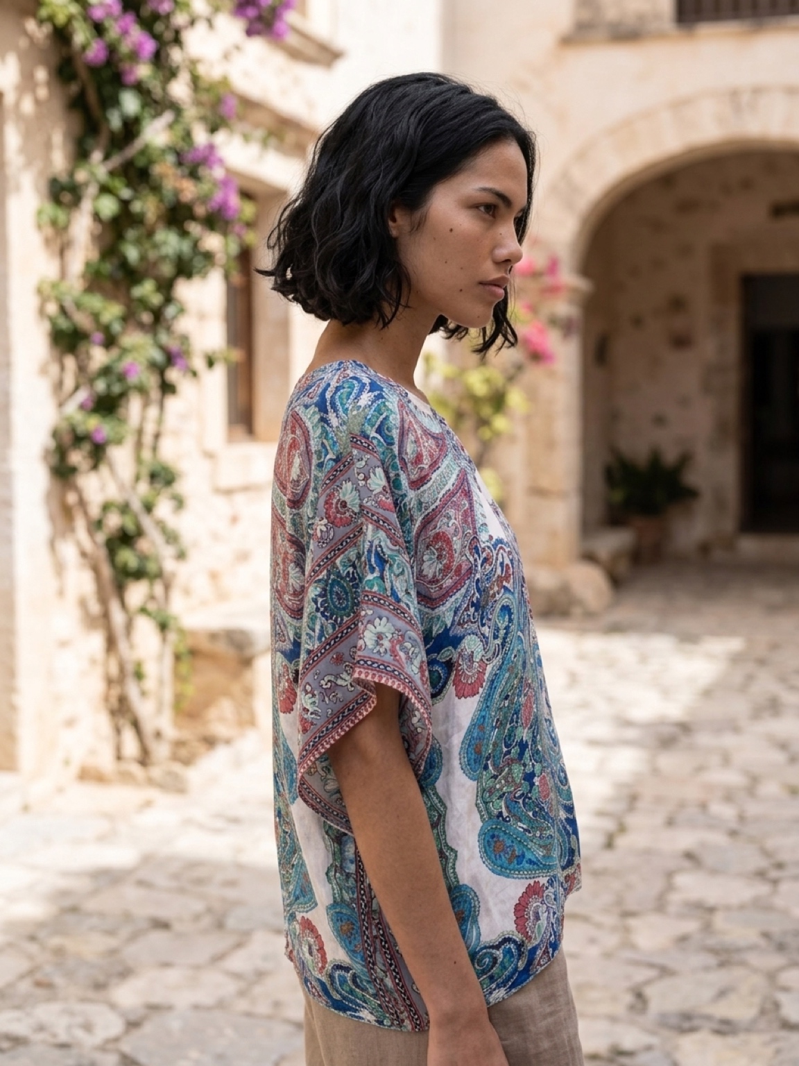 Paisley Scarf-Print Top, Blue and Coral, photo 1 of 3