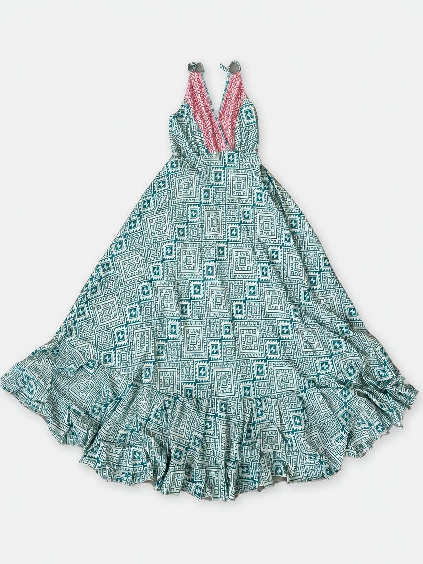 Printed Halter Maxi Dress, Teal and Pink, the actual piece, photographed flat
