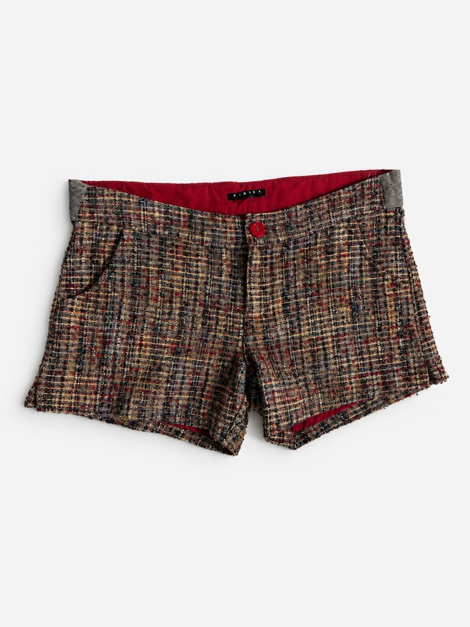 Sisley Tweed Micro Shorts, Red and Navy, the actual piece, photographed flat